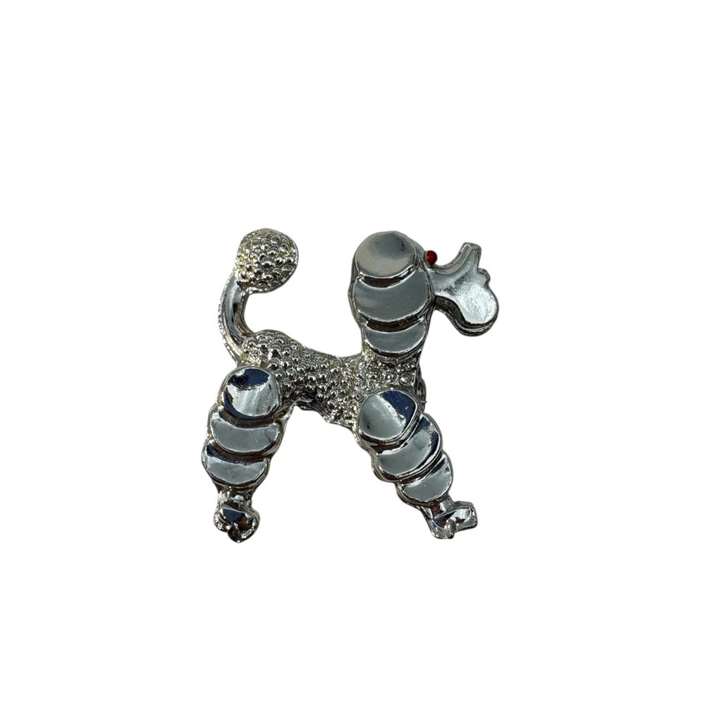 Vintage Silver Tone Textured Red Eye Poodle Dog Puppy Brooch Lapel Pin